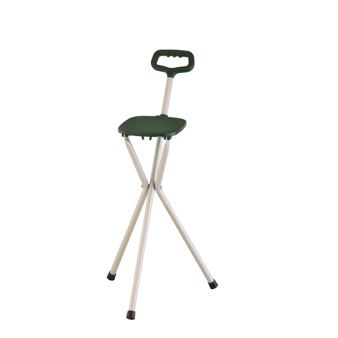 The Nova Folding Seat Cane is a portable, lightweight mobility aid with a green built-in seat and handle, three silver metal legs with black caps—perfect for easy carrying wherever you go.